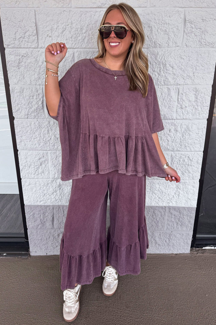 solid washed mulberry angled ruffle hem elastic waist wide leg cotton pants