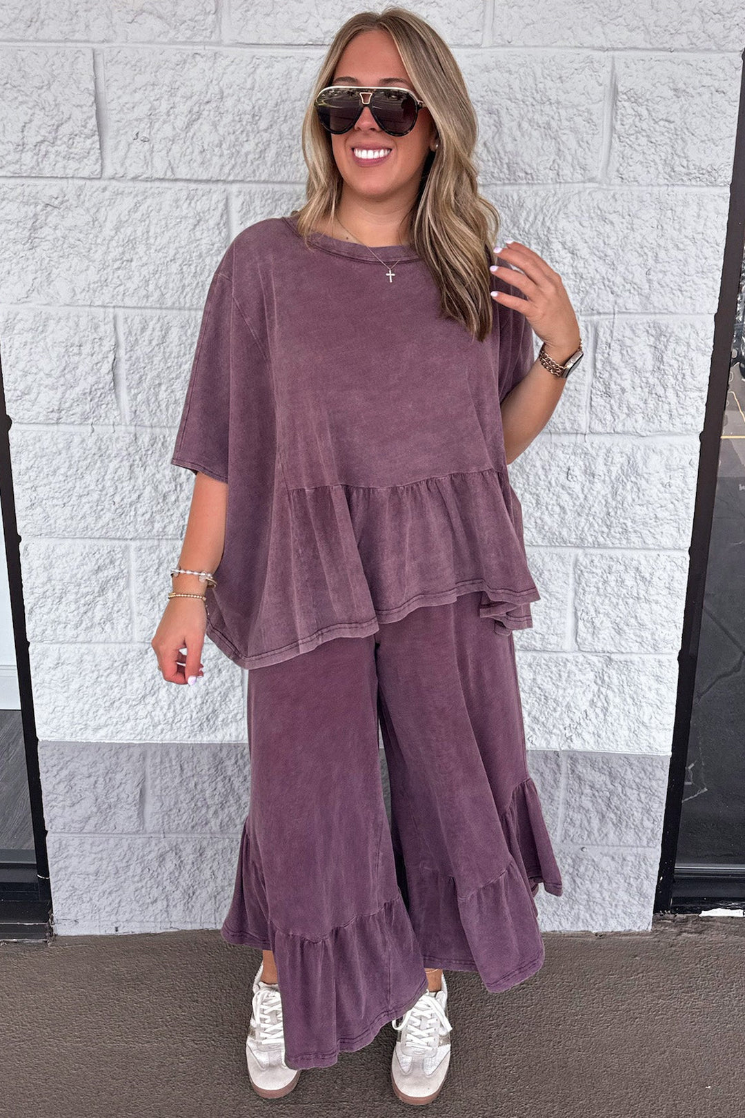 solid washed mulberry ruffle hem elastic waist loose fit wide leg cotton pants
