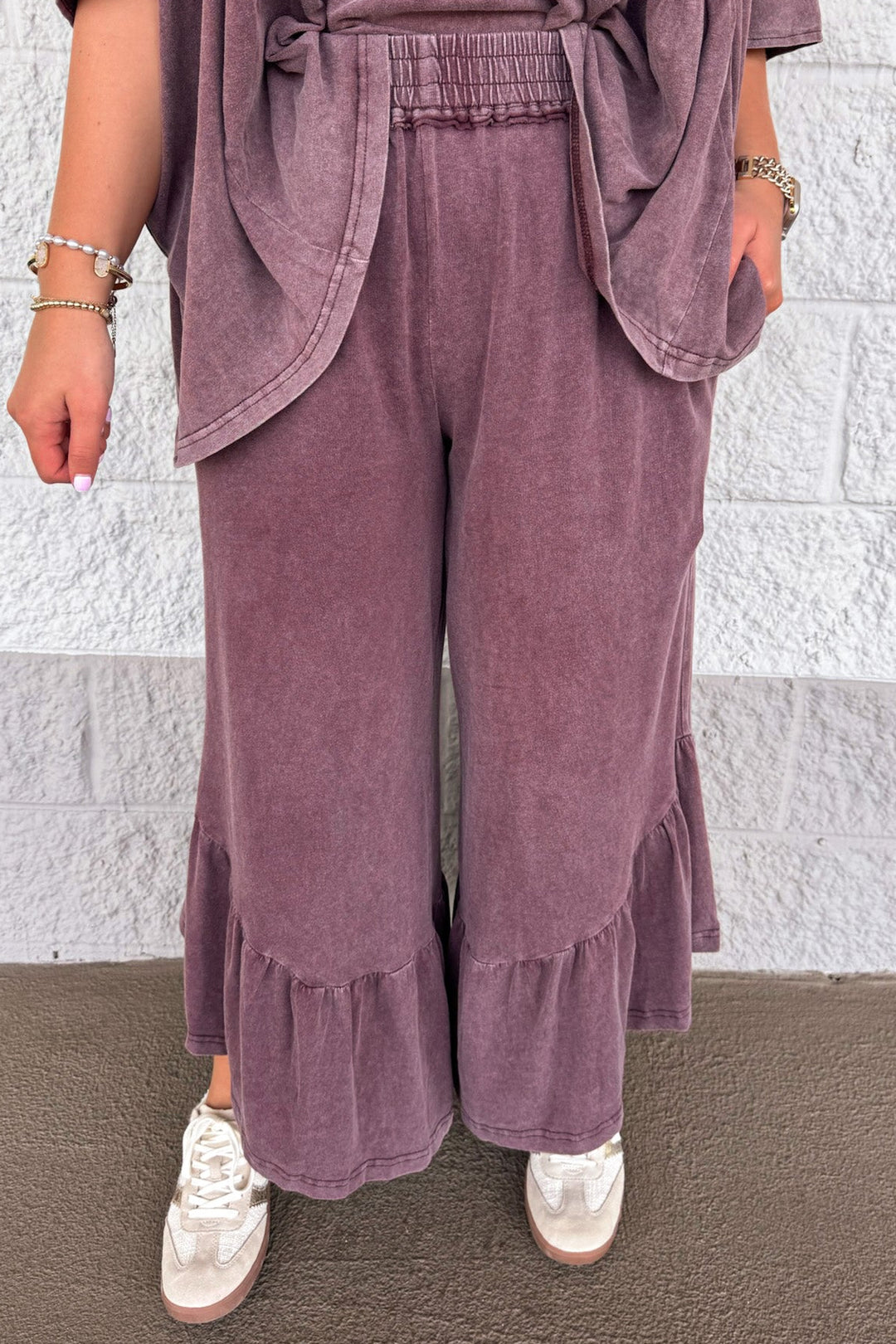 solid washed mulberry ruffle hem elastic waistband wide leg cotton pants