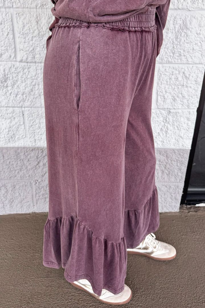 solid washed mulberry ruffle hem elastic waist wide leg cotton pants with side pockets