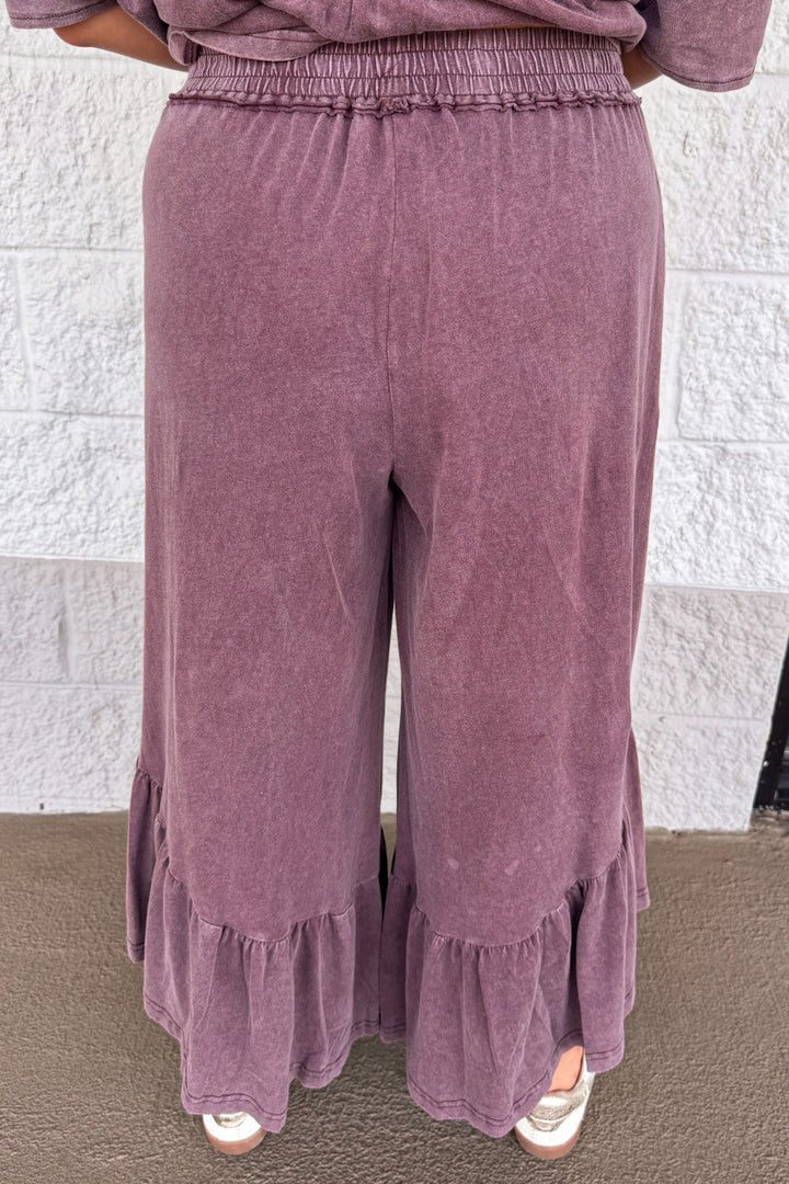 solid washed mulberry ruffle hem elastic waist relaxed silhouette wide leg cotton pants
