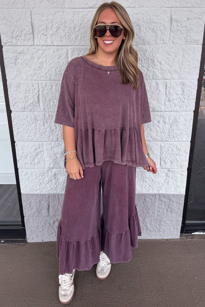 solid washed mulberry ruffle hem elastic waist wide leg cotton pants