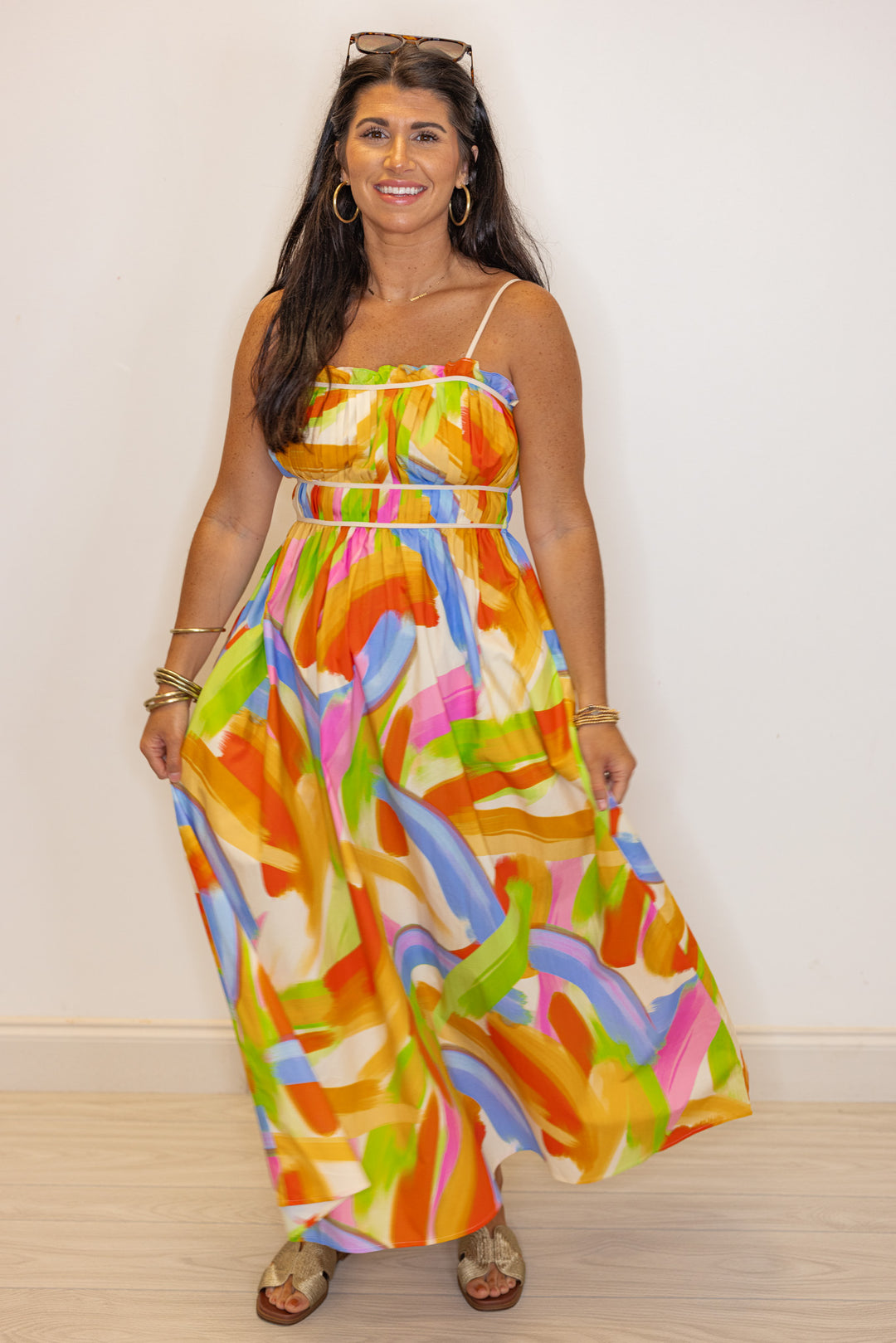 Yellow Watercolor Ruched Poplin Maxi Dress | Purple Door | Commerce GA Medium Yellow Watercolor Ruched Poplin Maxi Dress | Purple Door | Commerce GA Medium