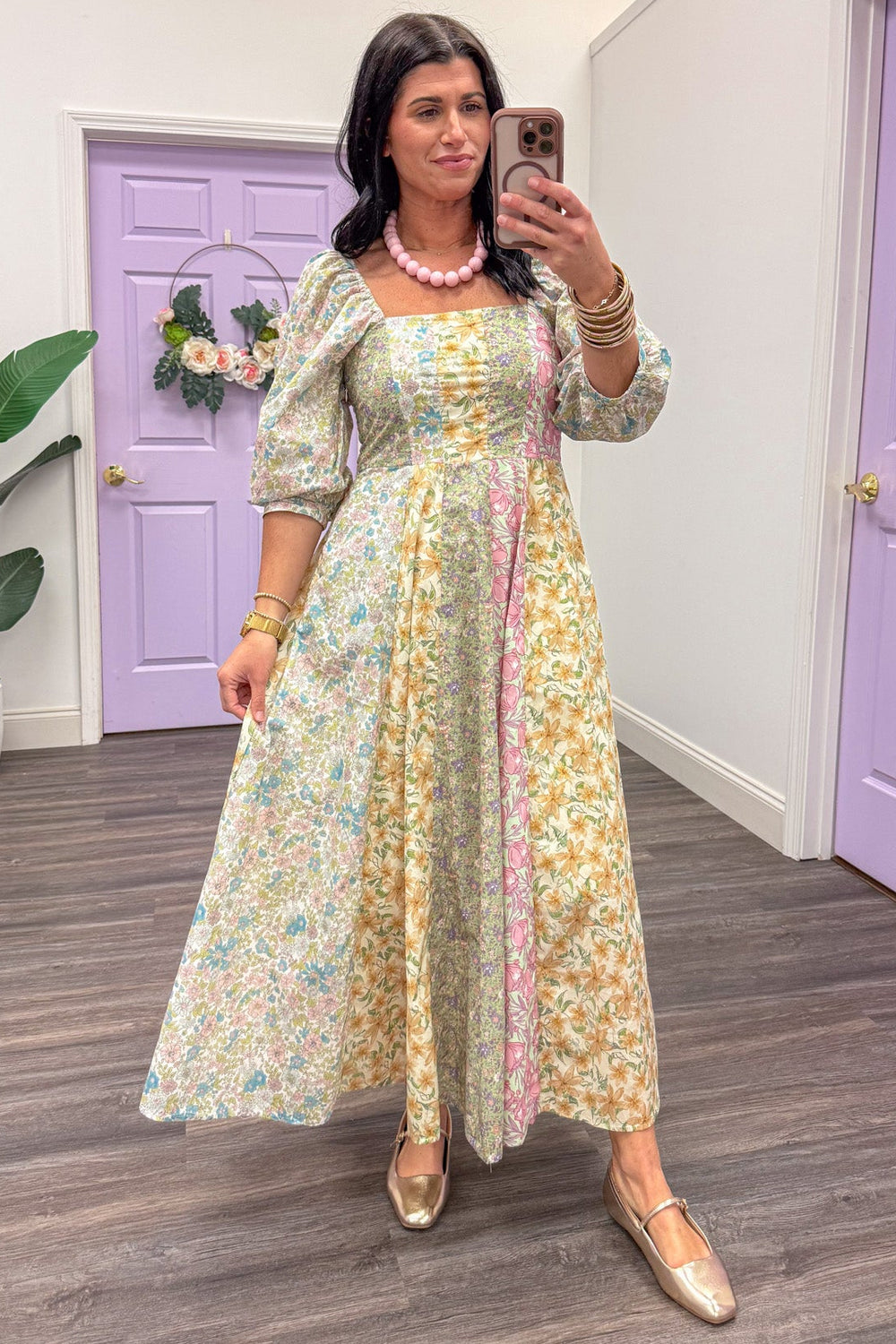 sage multicolor mixed floral print half length puff sleeve poplin midi dress