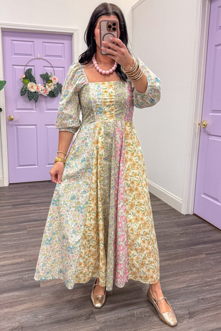 sage multicolor mixed floral print pleated flowy poplin midi dress