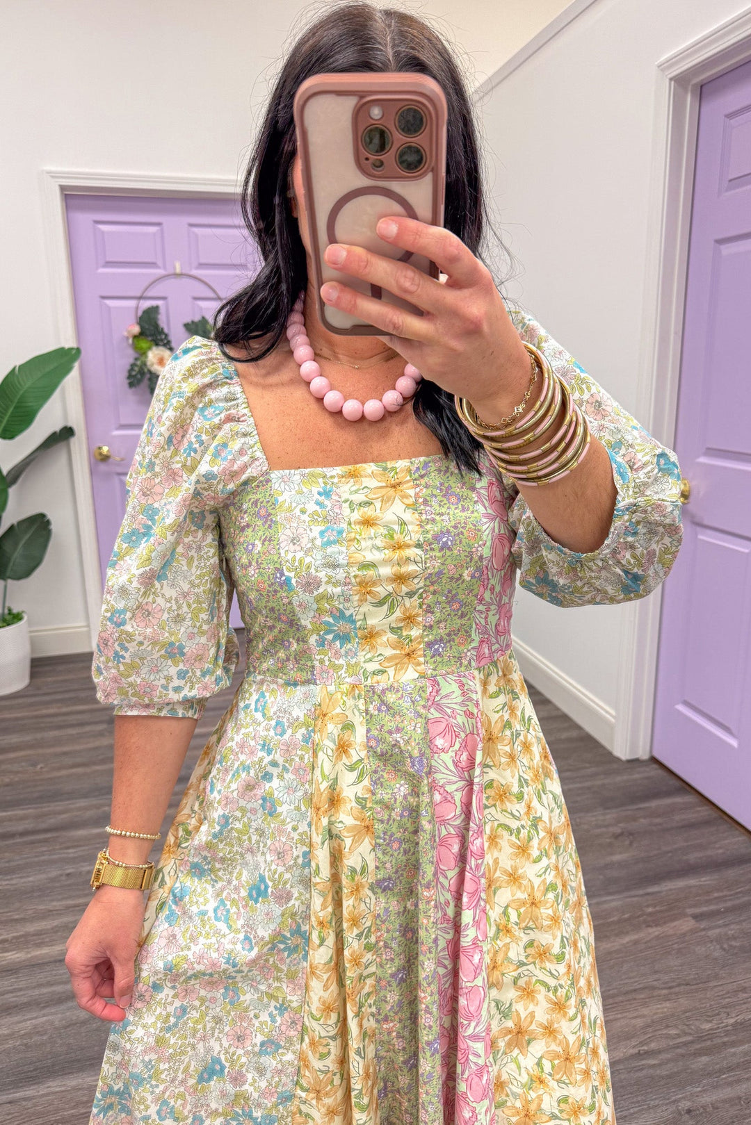 sage multicolor mixed floral print square neckline midi dress