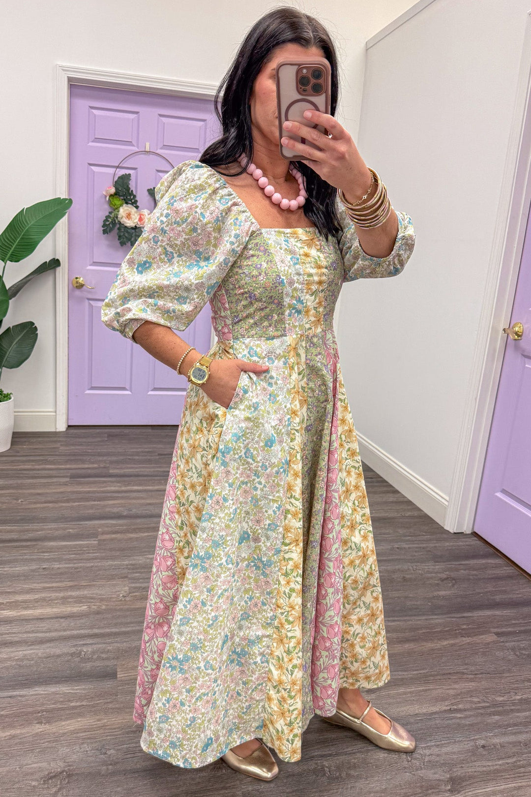 sage multicolor mixed floral puff sleeve poplin midi dress side pockets