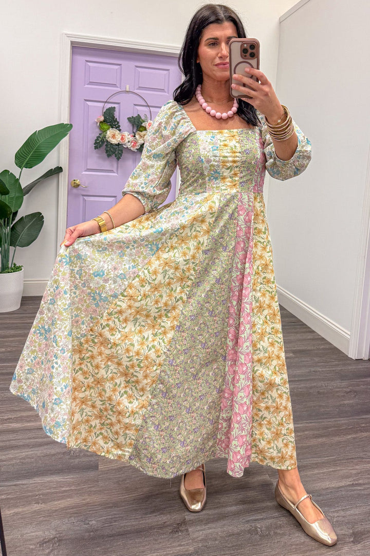 sage multicolor mixed floral print fitted bodice pleated flowy midi dress