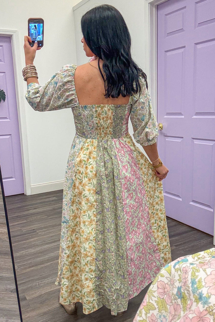 sage multicolor mixed floral print puff sleeve midi dress smocked back