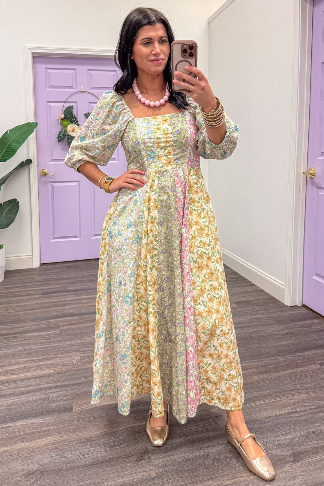 sage multicolor mixed floral print pleated puff sleeve poplin midi dress