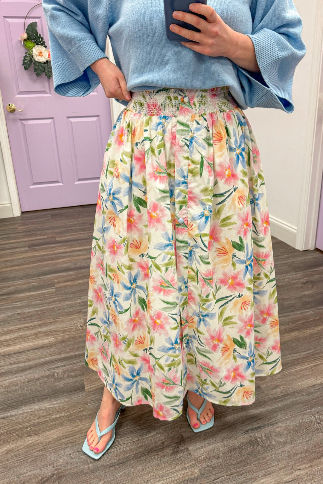 Women's trendy spring cream floral midi skirt with multi-color print