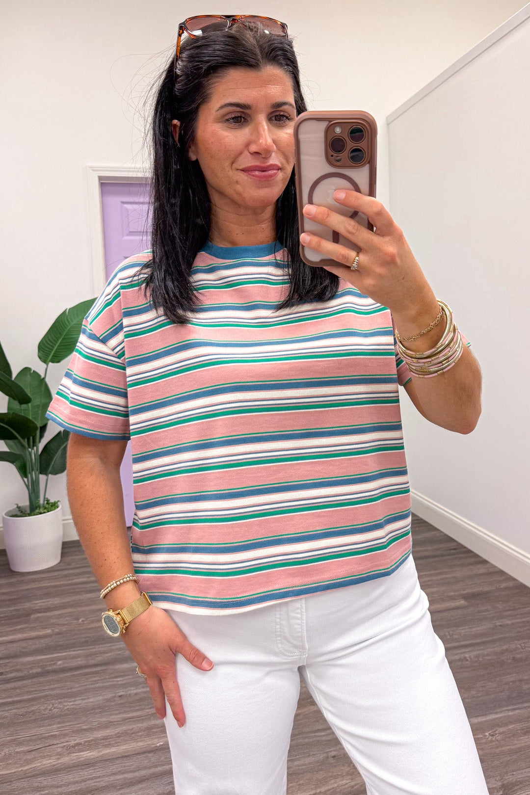 multicolored horizontal striped semi-cropped drop shoulder short sleeve knit top