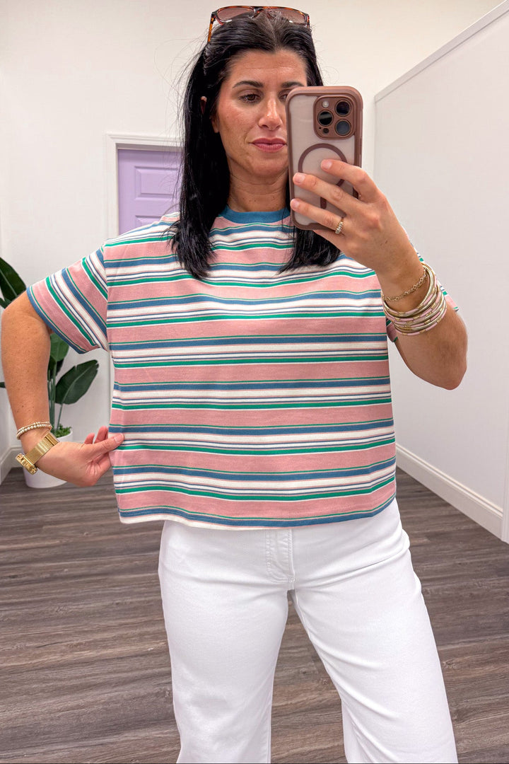 multicolored horizontal striped semi-cropped crewneck knit top relaxed silhouette