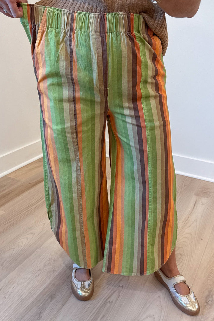 multicolored striped elastic waistband wide leg tulip hem twill denim pants with reverse seam details