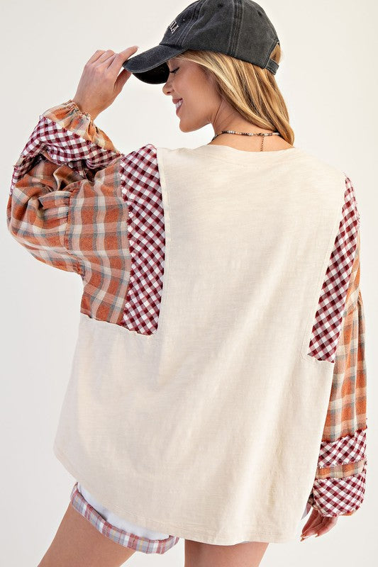 Women's slub knit top with plaid print patchwork colorblock by Easel showing back view