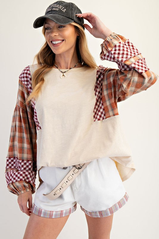Women's slub knit top with plaid print patchwork colorblock by Easel