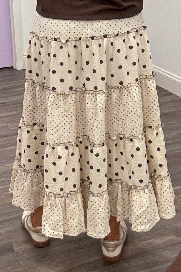 natural and brown polka dot print elastic waist ruffle tiered cotton gauze midi skirt