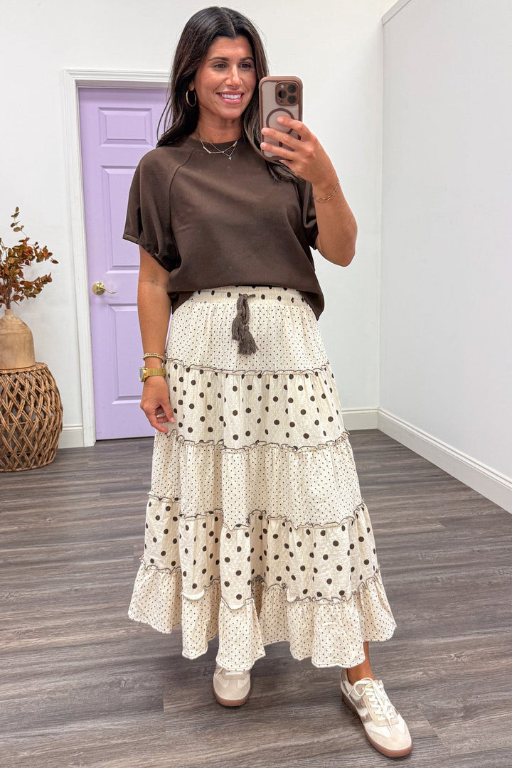 natural and brown polka dot print elastic waist ruffle tiered gauze midi skirt