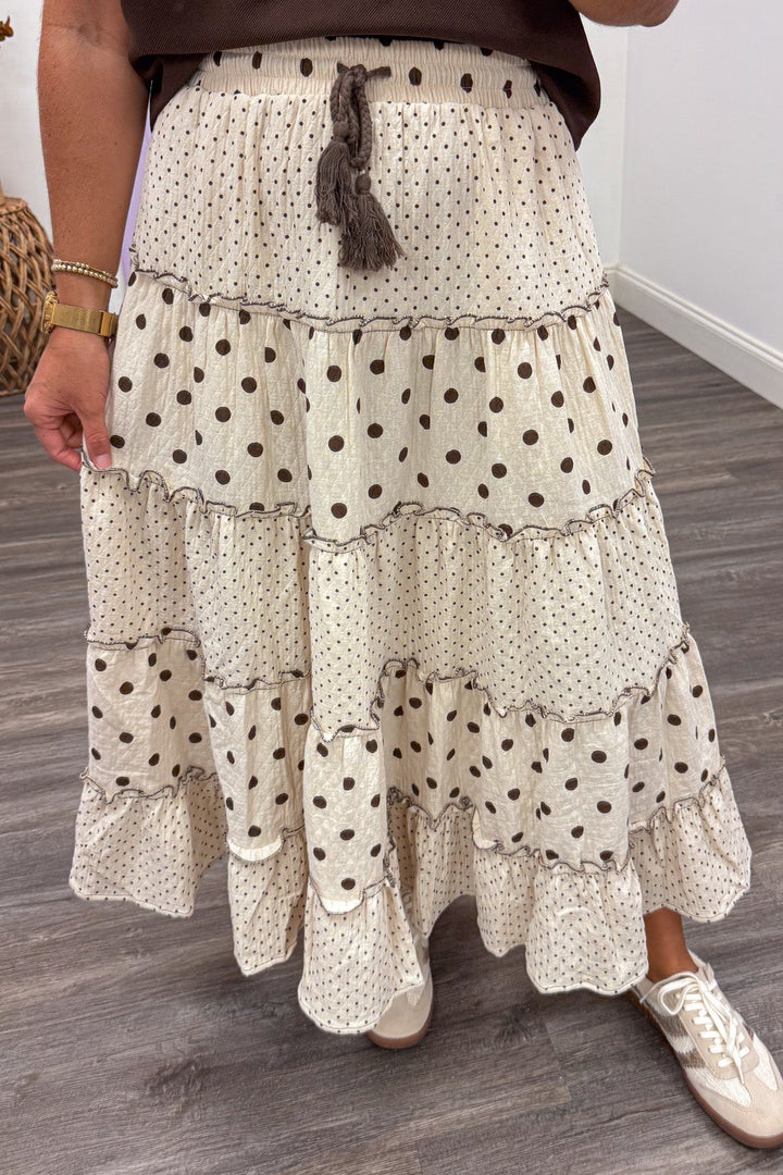 natural and brown polka dot print drawstring elastic waist ruffle tiered gauze midi skirt