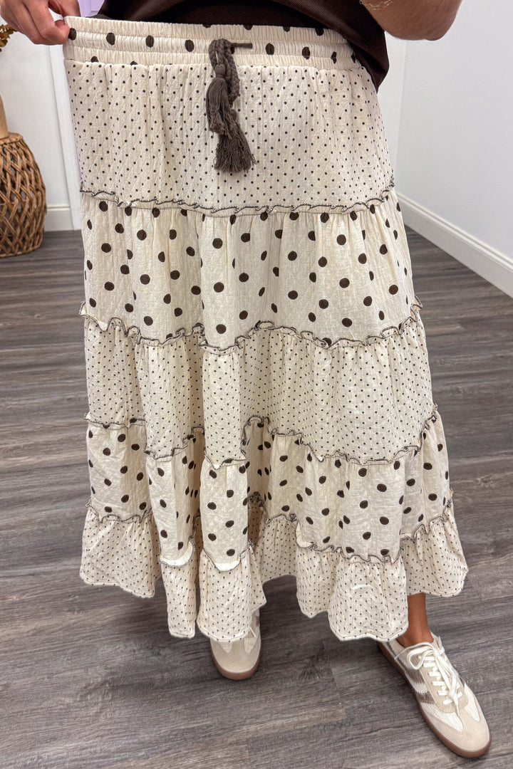 natural and brown polka dot print elastic waistband ruffle tiered gauze midi skirt