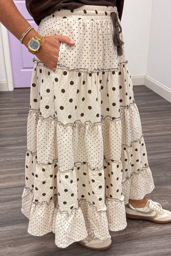 natural and brown polka dot print elastic waist ruffle tiered gauze midi skirt with side pockets