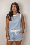 blue stripe knit scalloped shorts