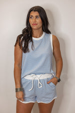 blue stripe knit scalloped shorts