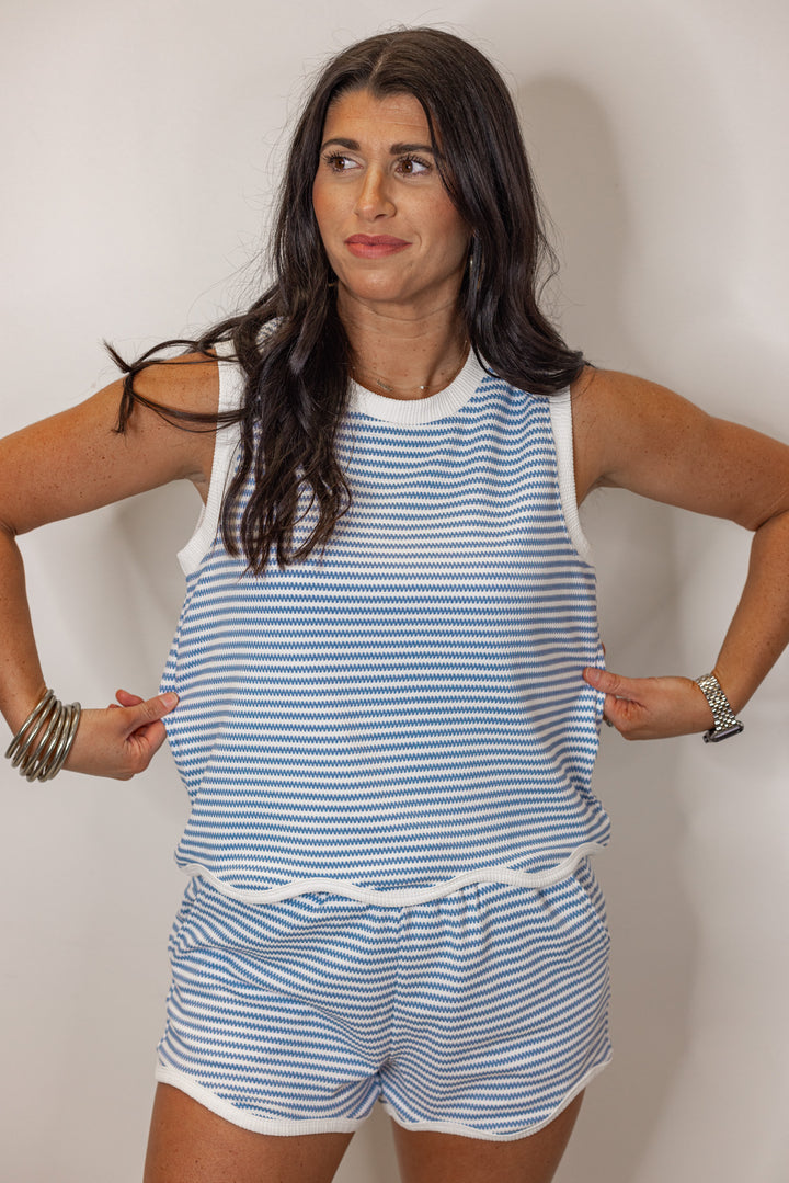 blue stripe knit scalloped hem sleeveless top