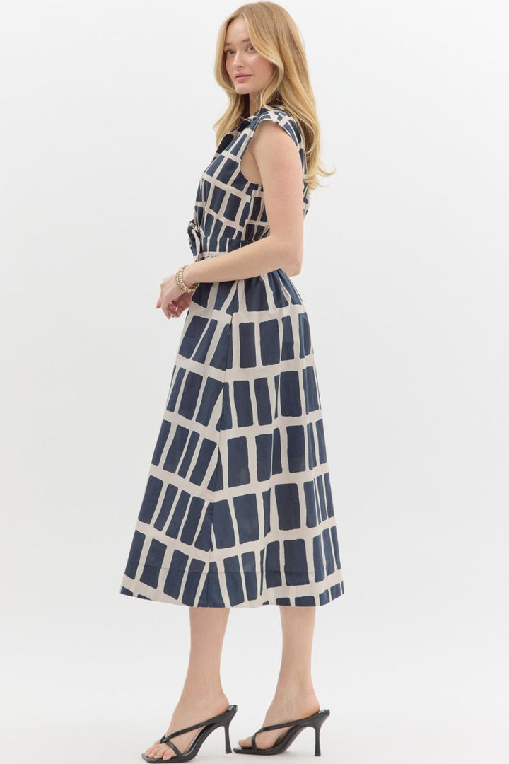 Entro Navy and beige abstract print sleeveless midi dress with knot detail at waist