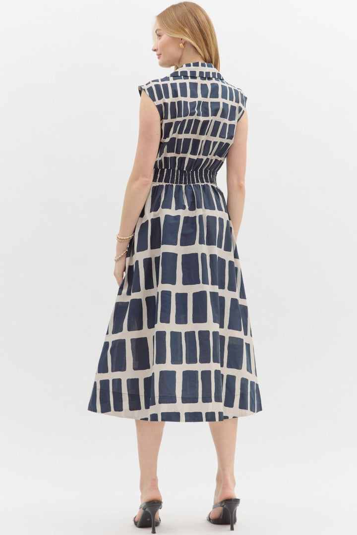 Entro Navy and beige abstract print sleeveless midi dress with knot detail at waist