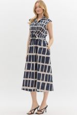Entro Navy and beige abstract print sleeveless midi dress with knot detail at waist
