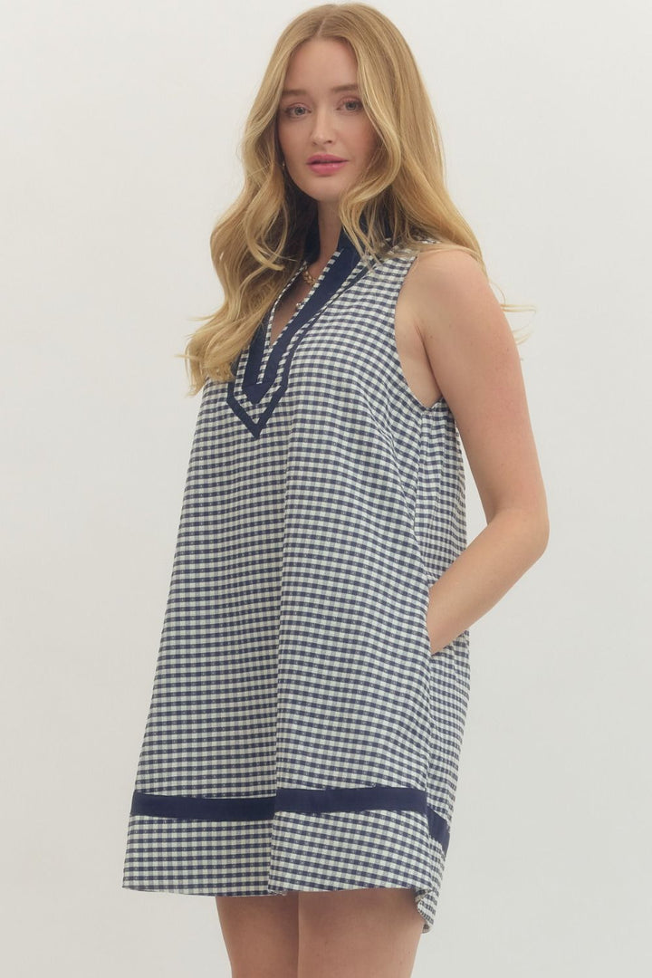 Entro navy blue and white gingham checkered print dress with side pockets