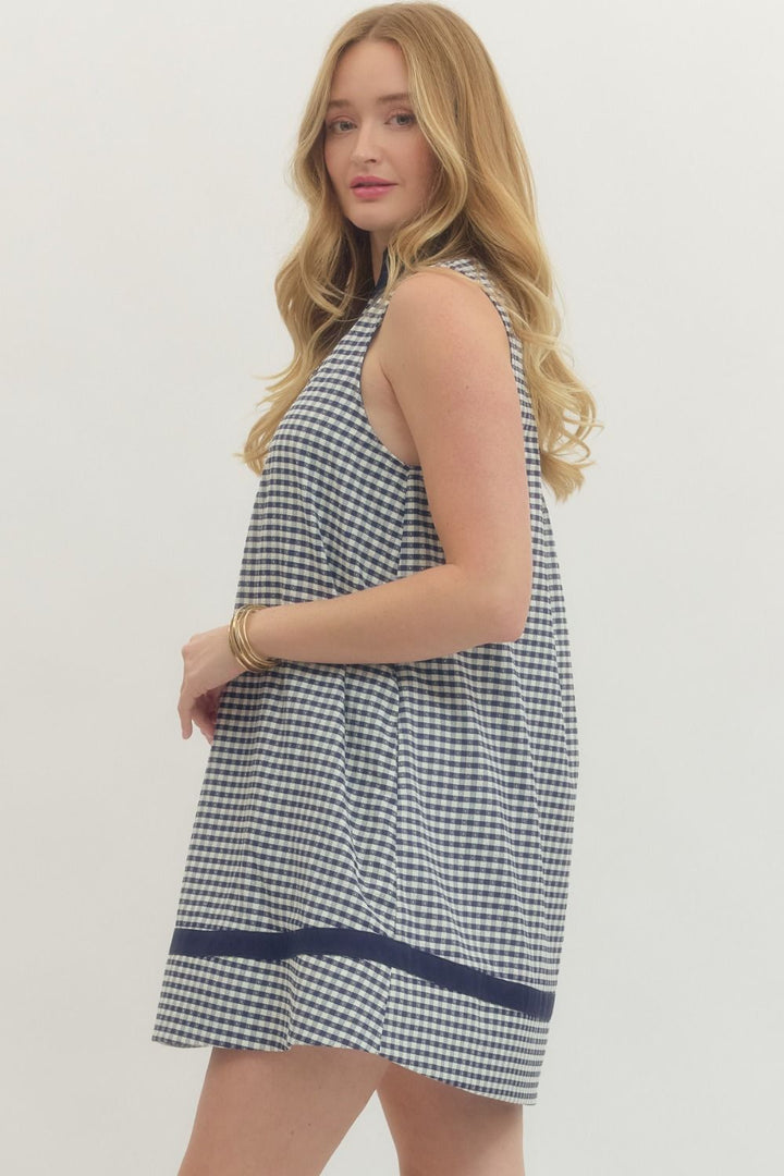 Entro navy blue and white gingham checkered print sleeveless dress