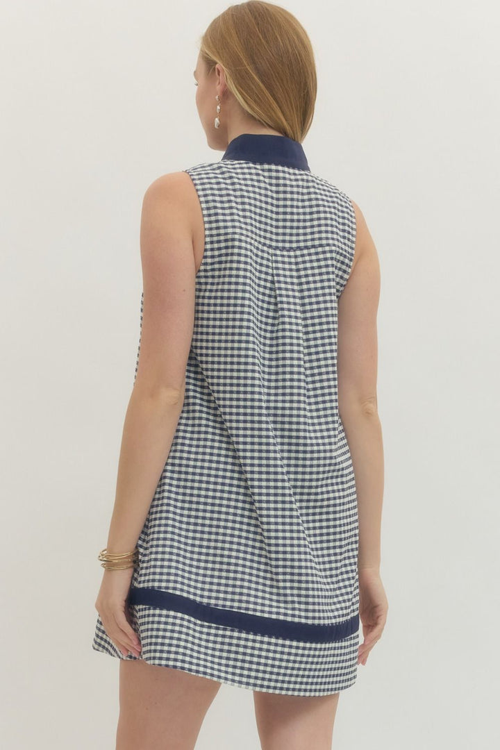 Entro navy blue and white gingham checkered print dress with tiered detail in back at shoulders