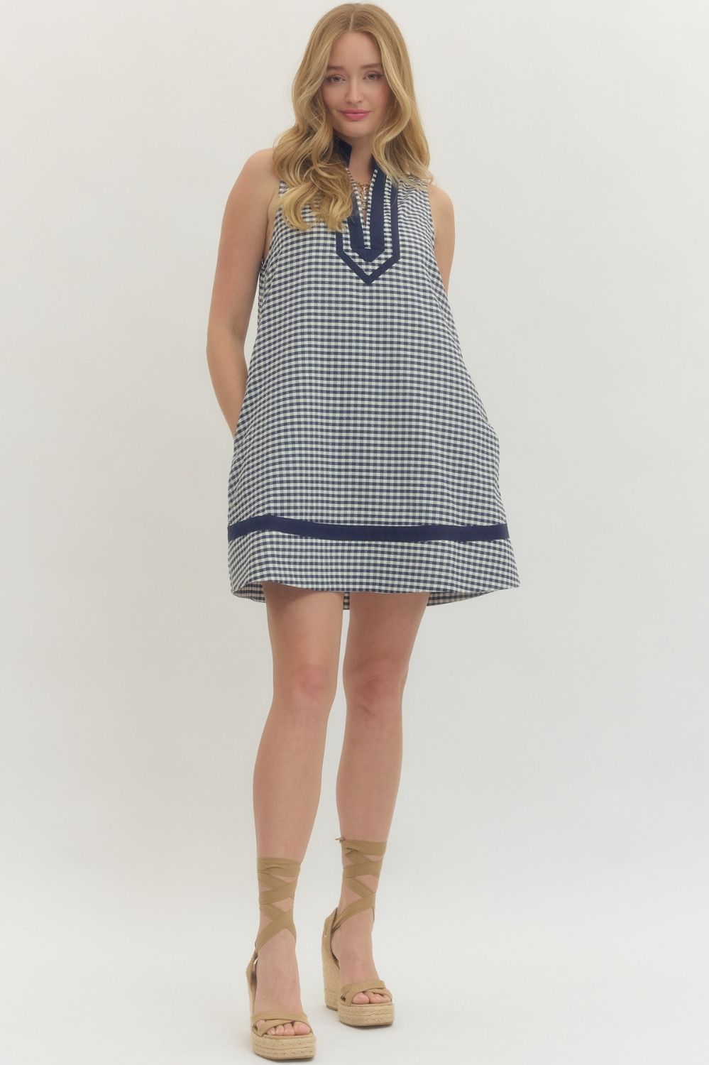 Entro navy blue and white gingham checkered print dress with matching strappy shoes