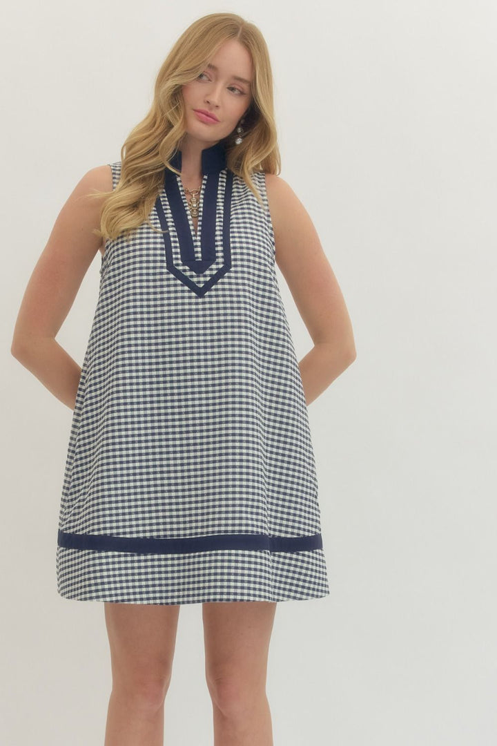 Entro navy blue and white gingham checkered print dress