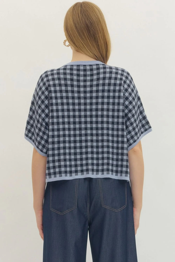 gingham navy knit top entro brand
