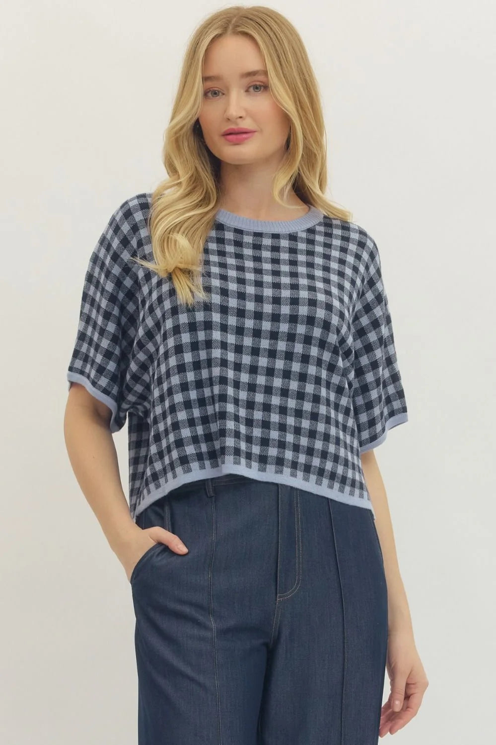 gingham navy knit top