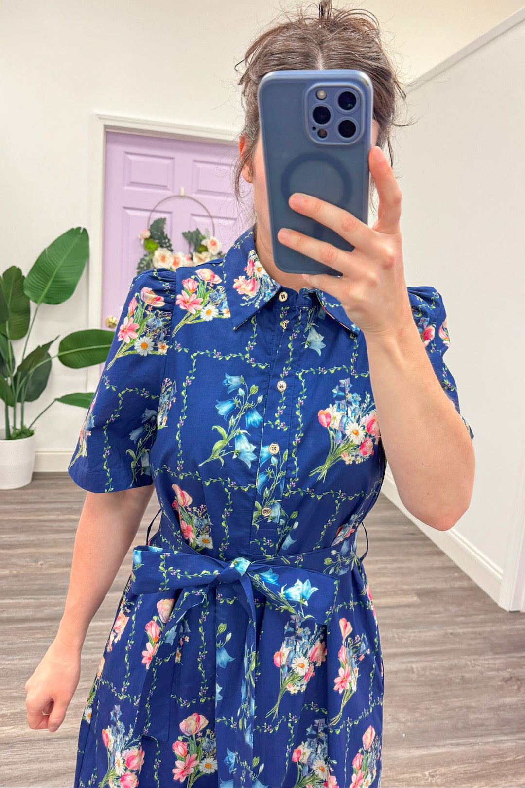 navy with pastel floral print collared neckline button front bodice midi dress