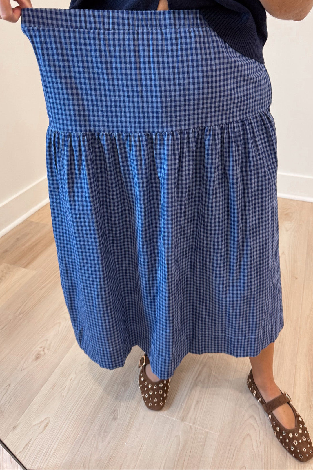 light blue and navy gingham checkered print elastic waist tiered flowy cotton midi skirt