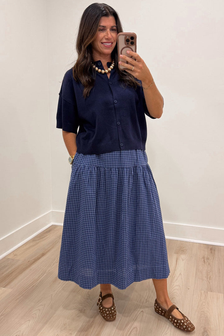 light blue and navy gingham checkered print tiered flowy silhouette cotton midi skirt