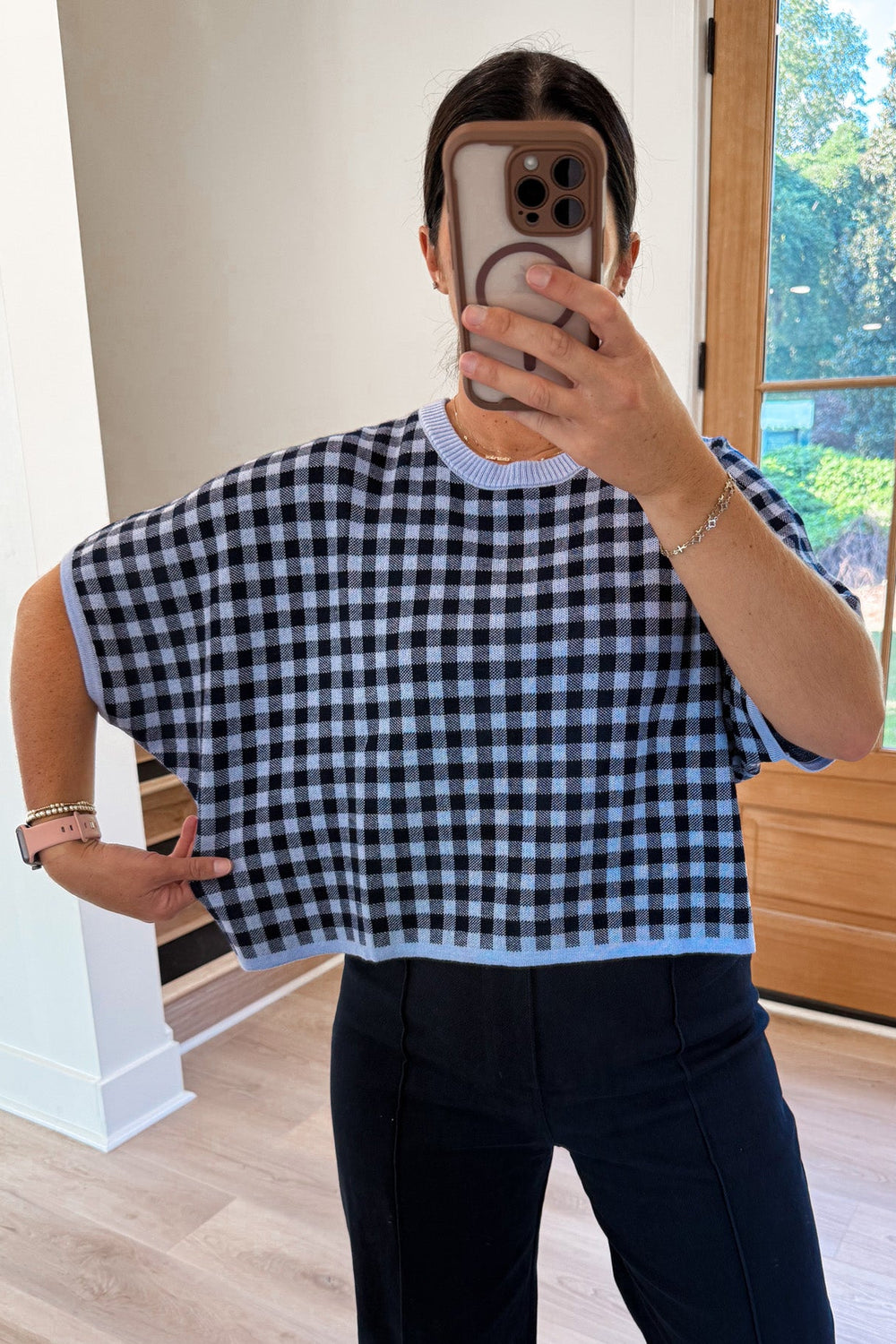 navy blue gingham knit entro top