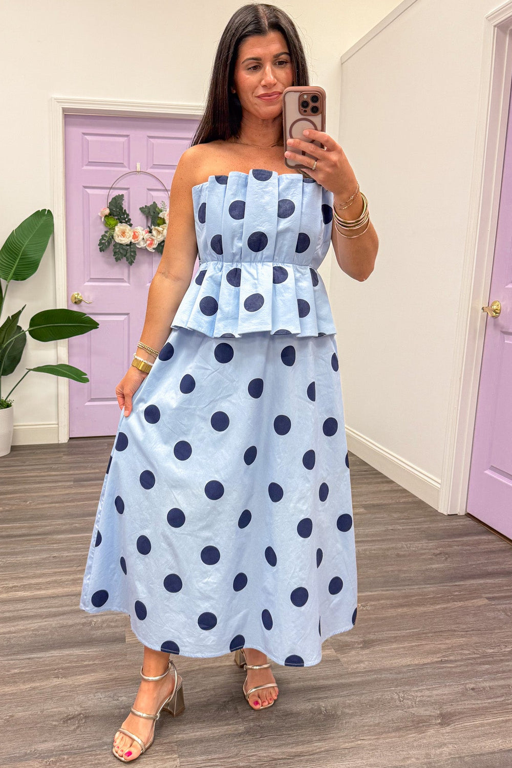 light blue with large navy polka dot print peplum strapless flowy midi dress