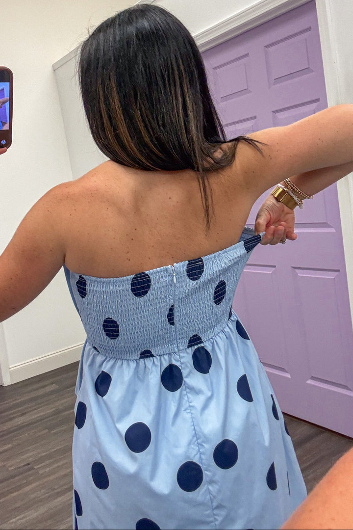 light blue with navy polka dots smocked back zipper closure peplum strapless midi dress