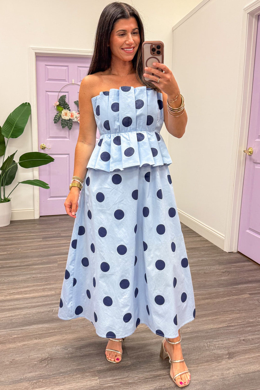 light blue with large navy polka dot print peplum strapless midi dress