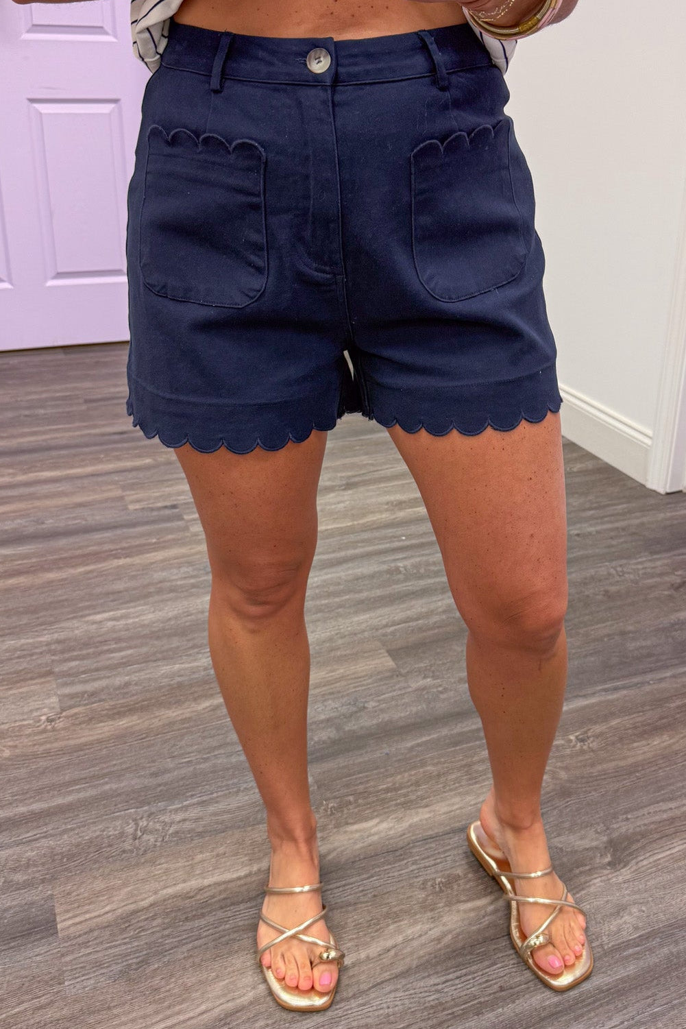 navy blue embroidery scalloped trimmed front pockets twill shorts