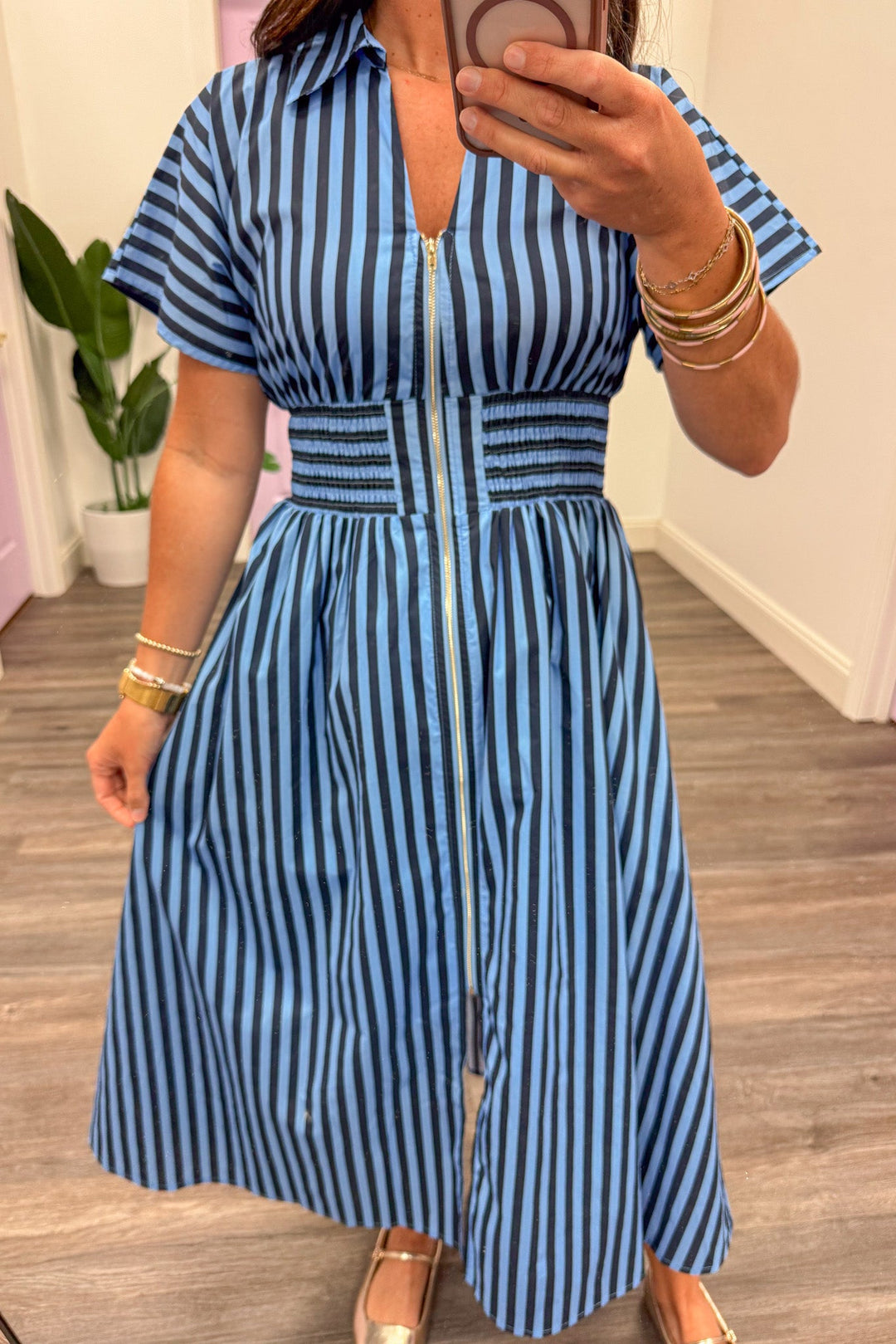 blue and navy striped collared v neckline short sleeve midi dress