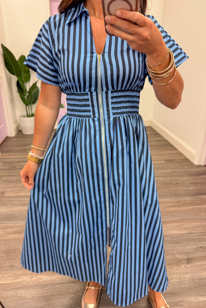blue and navy striped collared v neckline short sleeve midi dress