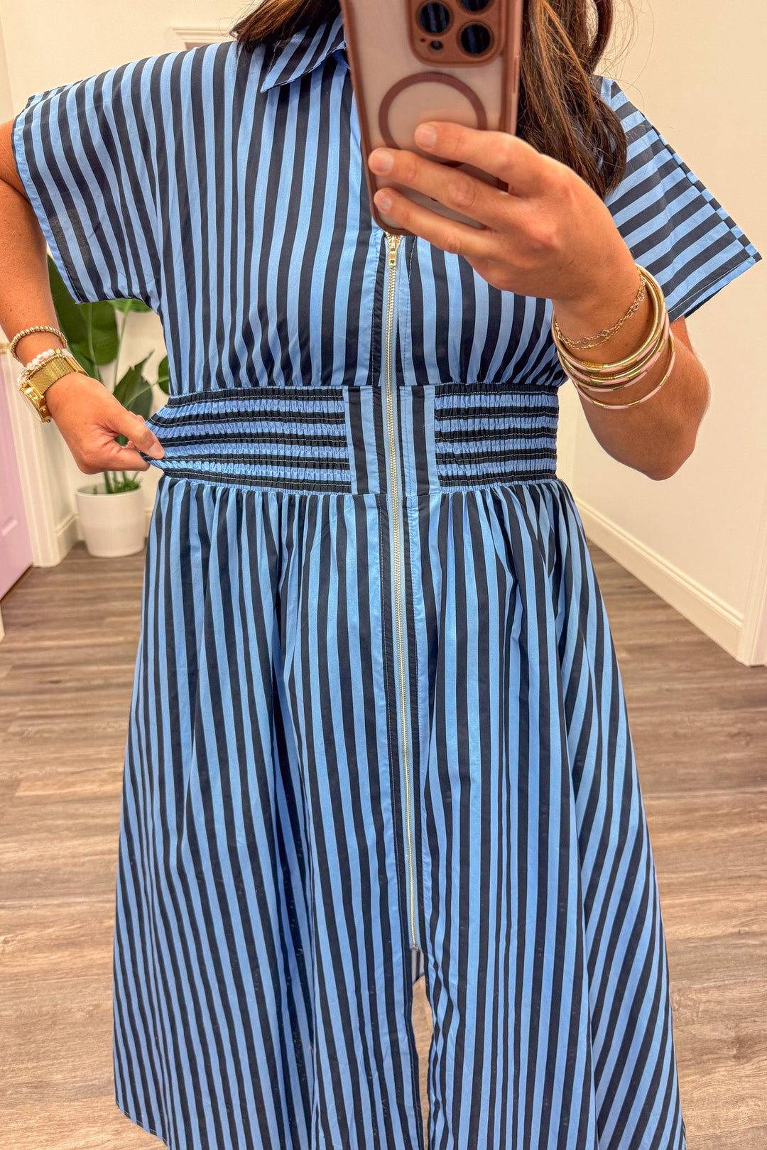 blue and navy striped zipper front smocked waist short sleeve midi dress