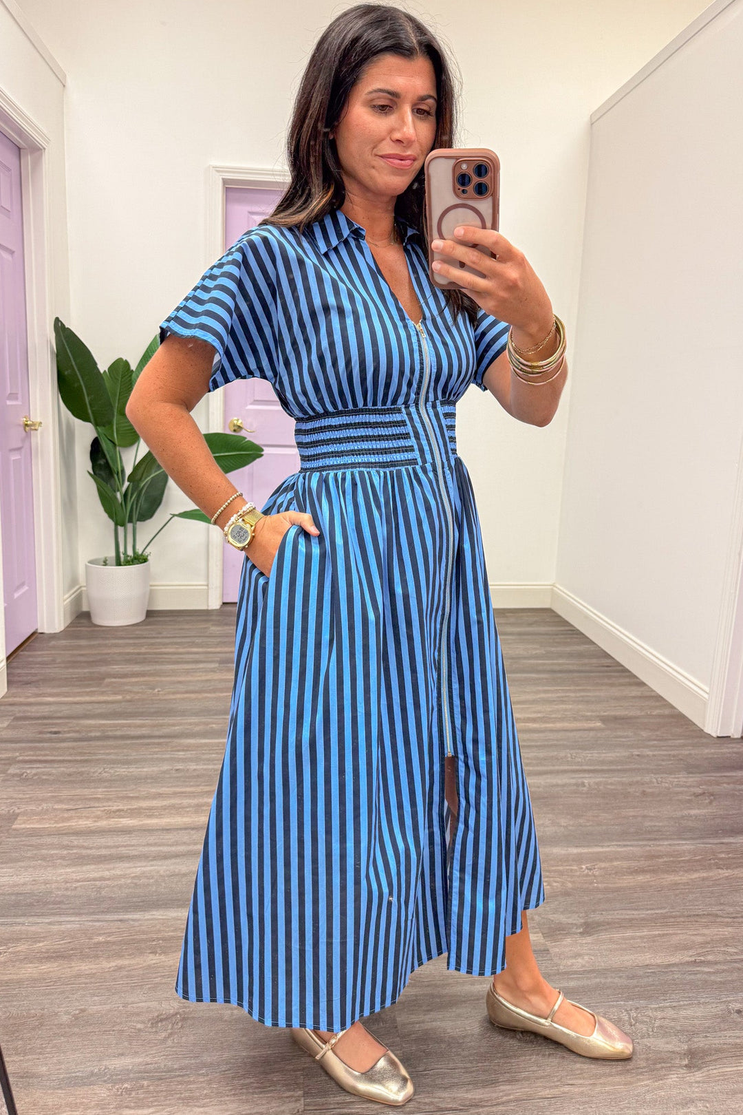 blue and navy striped zipper front short sleeve midi dress with side pockets